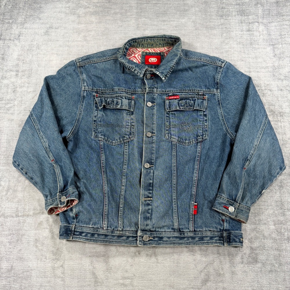 Ecko Unltd Jacket Mens Large Blue Denim Vintage Y2K Streetwear Rhino Logo Lined